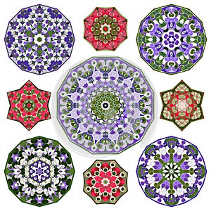 Set of nine abstract circular round colorful mandalas elements.