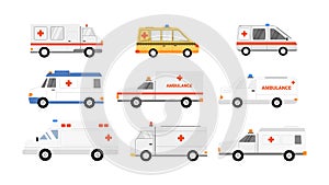 Set of nine ambulances element isolated on white background