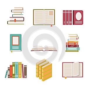 Set of nine book icons in flat design style