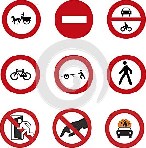 Set of nine business and traffic prohibition signs.