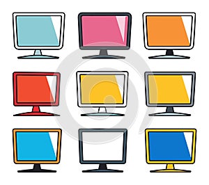 Set of nine colorful computer monitors with blank screens. Modern flat screen display variety, computer equipment vector