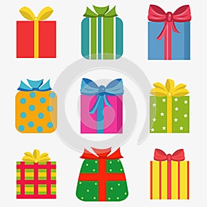 Set of nine colorful of different gift boxes