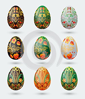 Set of nine colorful Easter eggs stylized Russian khokhloma pattern