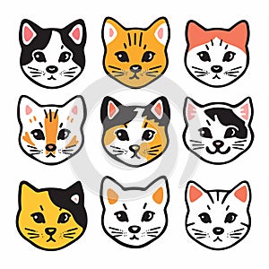 Set nine cute cat faces, various fur patterns, handdrawn cartoon style white background. Feline