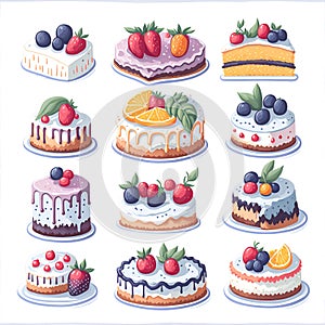 Set of nine detailed Sticker of Watercolor cute cake with fruits watercolor