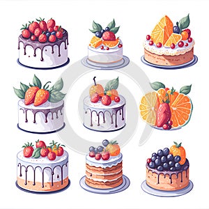 Set of nine detailed Sticker of Watercolor cute cake with fruits watercolor set