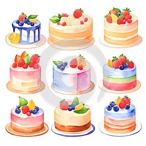 Set of nine detailed Sticker of Watercolor cute cake with fruits watercolor set graphic clipart design