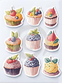 Set of nine Detailed Sticker of Watercolor cute cake with fruits watercolor set graphic clipart design
