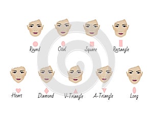 Set of nine different woman`s face shapes. Illiustration isolated on a white background