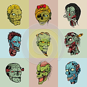 Set of nine drawn image with the zombie