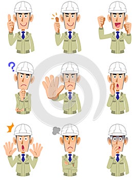 A set of nine expressions and gestures of the upper body of a man wearing work clothes wearing a helmet 2