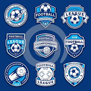 Set of nine football badges. Soccer emblems. Collection symbol of football
