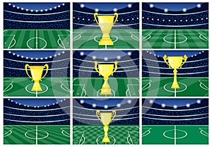 Set of nine football stadiums with a golden cup on green grass