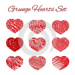 Set of nine grunge heart icons set. Love symbol vector illustration. Valentine s day element of design. Easy to edit design