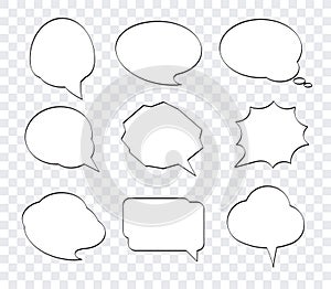 Set of nine hand drawn comic speech bubbles with white fill in pop art style. Empty clouds with space for text