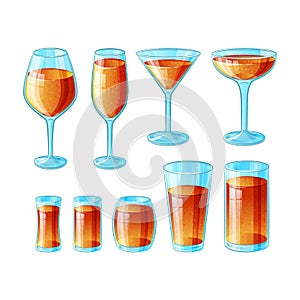 Set of nine hand drawn glasses with long alcohol cocktails with juice in color