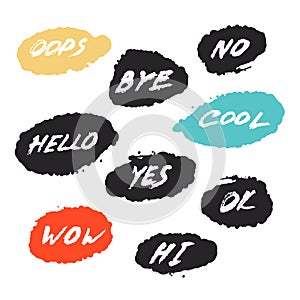 Set with nine hand drawn grunge greeting emotial phrases in speech bubbles photo