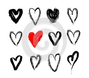 Set of nine hand drawn heart. Handdrawn rough marker hearts isolated on white background. Vector illustration for your