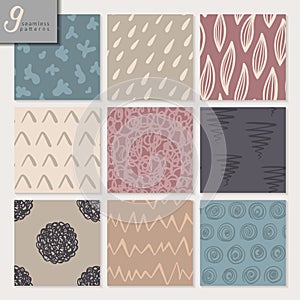 Set of nine hand drawn seamless abstract patterns