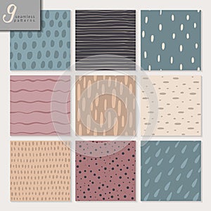 Set of nine hand drawn seamless abstract patterns