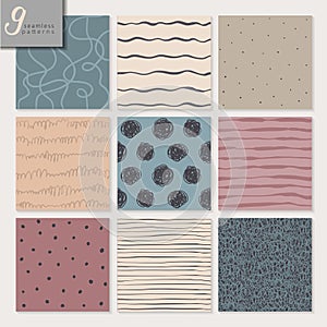 Set of nine hand drawn seamless abstract patterns