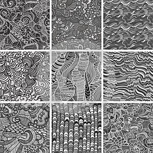 Set of nine hand-drawn seamless patterns