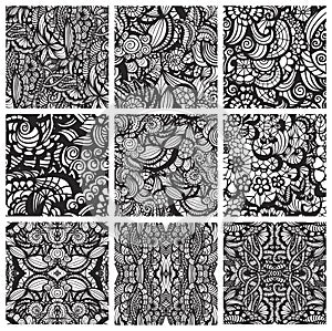 Set of nine hand-drawn seamless patterns