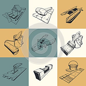 Set of nine illustrations with building tools