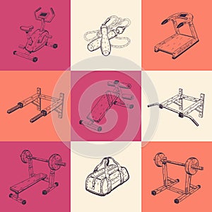 Set of nine illustrations with sports equipment