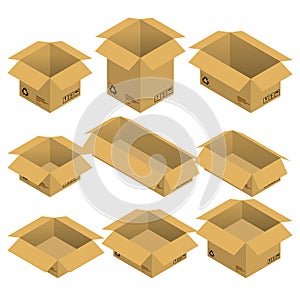 Set of nine isometric open cardboard transportation boxes, parcels isolated on white background.