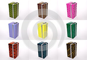 3D Render : A set of nine present boxes with the different wrap texture