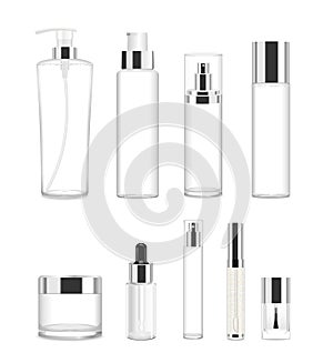 Set of nine transparent cosmetic tubes. Vector