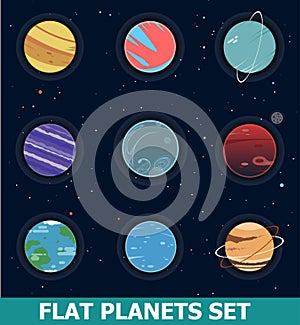 Set of Nine Trendy Sci-fi Non-Realistic Fantsy Planets on Space Background with Stars. Flat Design Vector Illustration. photo