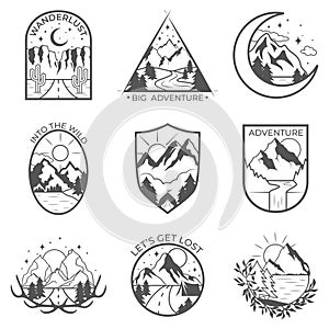 Set of nine vector mountain and outdoor adventures badges. Templates and badges with mountains, trees, tent