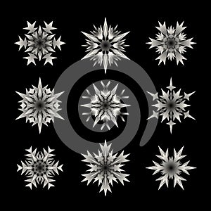 Set of Nine Vector White Semi Transparent Snowflake Shape Design Elements on Black Background