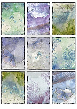 Set of nine vintage blue butterfly images backgrounds abstract collage photo