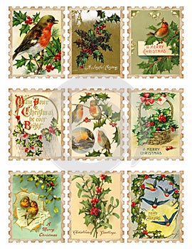 Set of nine vintage Christmas bird holly stamps