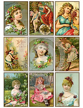 Set of nine vintage girls antique trading cards