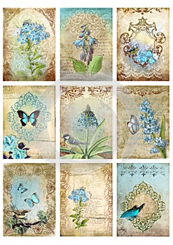 Set of nine vintage style cards tags collage blue morn bird butterfly floral images