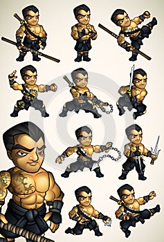 Set of 11 Ninja poses without a shirt