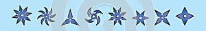 Set of ninja throwing star cartoon icon design template with various models. vector illustration isolated on blue background