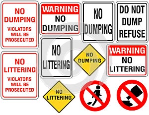 Set of No Dumping or Littering Signs photo