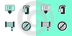 Set No fire, Fire exit, hose reel and extinguisher icon. Vector