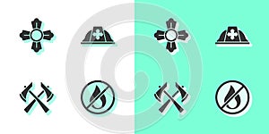 Set No fire, Firefighter, axe and helmet icon. Vector