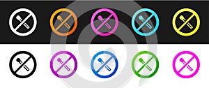 Set No fire match icon isolated on black and white background. No open flame. Burning match crossed in circle. Vector