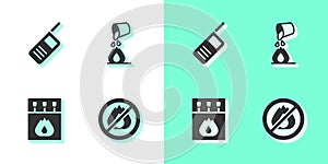 Set No fire, Walkie talkie, Matchbox and matches and Bucket extinguishing icon. Vector