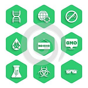 Set No GMO, Biohazard symbol, Laboratory glasses, Test tube and flask, and DNA icon. Vector