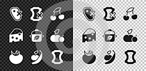 Set No meat, leather, Fresh berries, Tomato, Apple and banana, Leather, Cheese and Vegan food diet icon. Vector