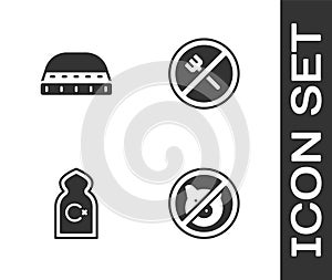 Set No pig, Muslim hat for prayer, Mosque and Ramadan fasting icon. Vector