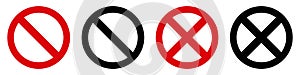 Set no red sign icons, forbidden circle-backslash, do not enter, prohibition restricted, warning stop sign - vector